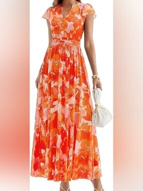 PRETTYGARDEN Womens Orange Floral Maxi Dress